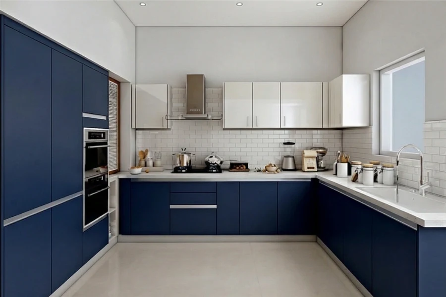 Contemporary parallel wall units with flush-front doors and a uniform finish designed to create a streamlined, corridor-style culinary space