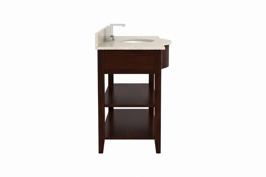 Contemporary under-shelf vanity counter with a sturdy, monolithic top and an exposed bottom deck designed for easy access to fresh guest linens and amenities