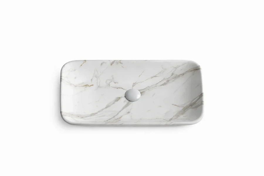 Architectural wall-mounted rectangular sink with a seamless sloped floor and a minimalist linear drain