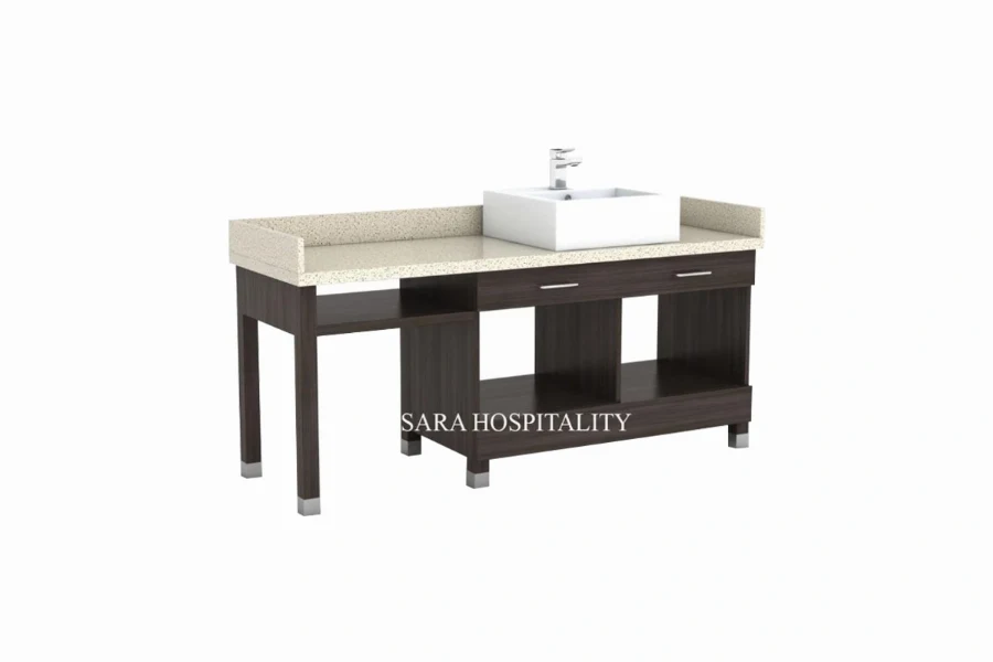 Modern single basin vanity featuring an integrated solid-surface bowl and a clean, streamlined counter