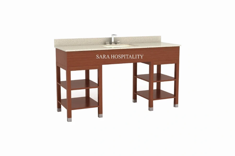 Modern slatted shelf vanity top featuring an integrated solid-surface basin and a clean-lined architectural framework with an open slatted lower storage tier.