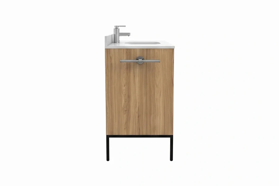 Minimalist storage vanity station offering an expansive, clutter-free upper deck and dedicated compartments for bathroom essentials