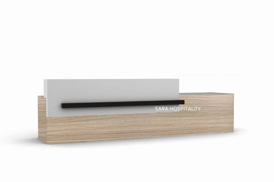 Contemporary linear floating-shelf counter with a sturdy monolithic base offset by an elevated, floating surface designed for smooth guest interactions