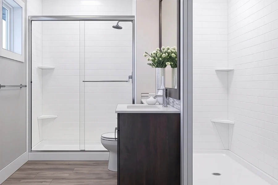 Minimalist space-optimizing surround unit offering high-impact moisture protection and a clean, uninterrupted visual flow across shared vanity and shower walls