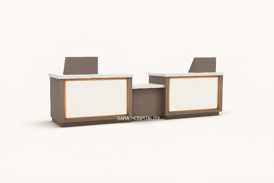 Contemporary double-workstation front desk with a sturdy monolithic base and dual transaction tops designed for simultaneous guest check-ins