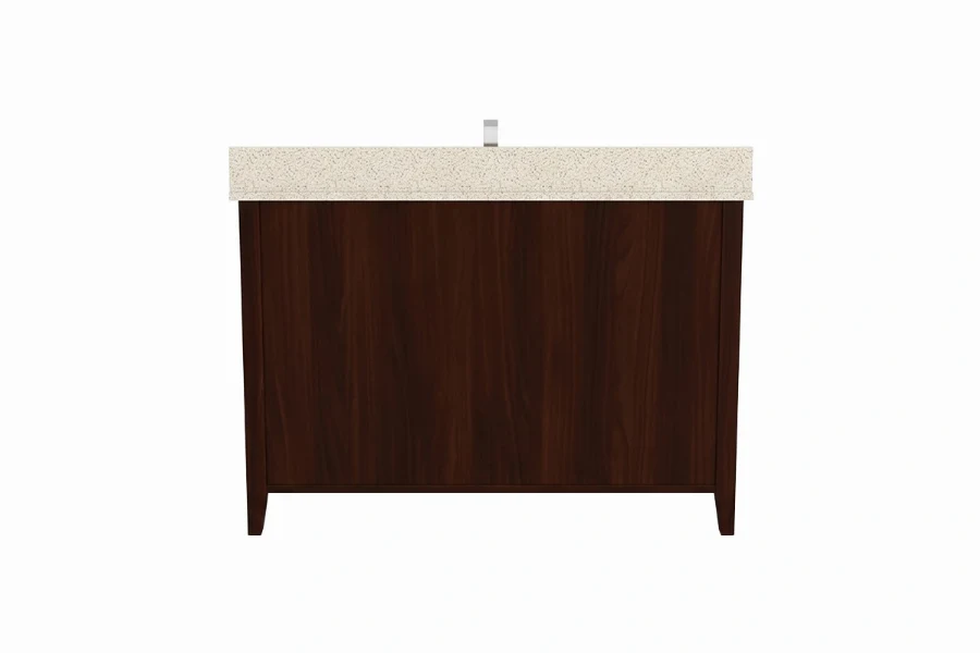 Minimalist geometric vanity station featuring a low-profile counter surface and a uniform, high-quality finish over a wide-open lower storage framework