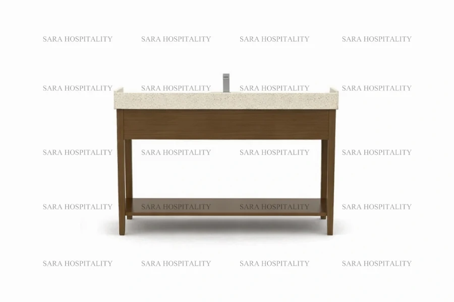Sturdy dual shelf vanity base providing organized storage for smaller resort washrooms