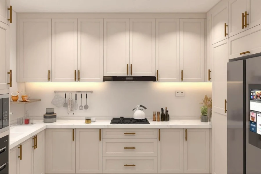 Modern minimal wall kitchen cabinet featuring a floating, handle-free design and a clean-lined, architectural silhouette