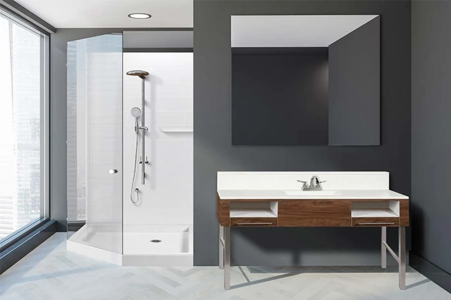 Modern partition wall surround featuring a double-sided solid-surface panel layout designed to clad both sides of a freestanding divider wal