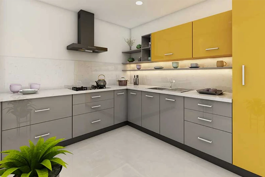 Modern compact corner kitchen cabinet featuring an L-shaped silhouette and space-saving storage solutions for small culinary areas