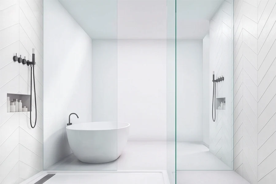 Sleek flush-mount shower surround showcasing a grout-free wall system designed to channel water efficiently into an exposed, wide-drain open basin