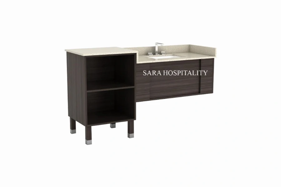 Modern compact cabinet vanity featuring an integrated basin and a narrow, space-saving enclosed base