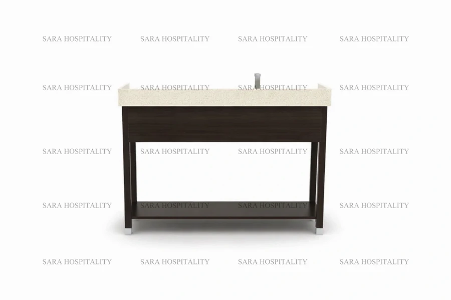 Sturdy grid frame vanity base for organized and accessible storage in luxury resort washrooms