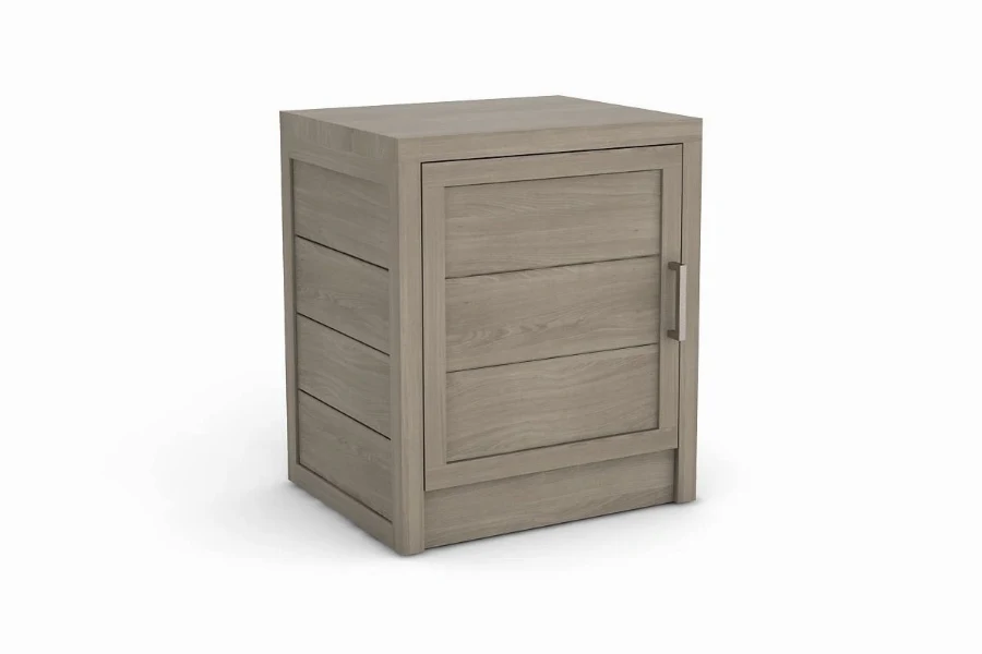 Modern Brown Nightstand: Rich wood-grain construction featuring a left-hinged cabinet door for seamless bedside access