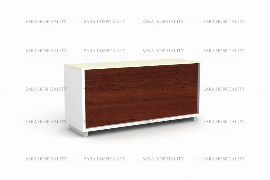 Minimalist front-of-house desk featuring a wrap-around facade and a clutter-free, professional aesthetic