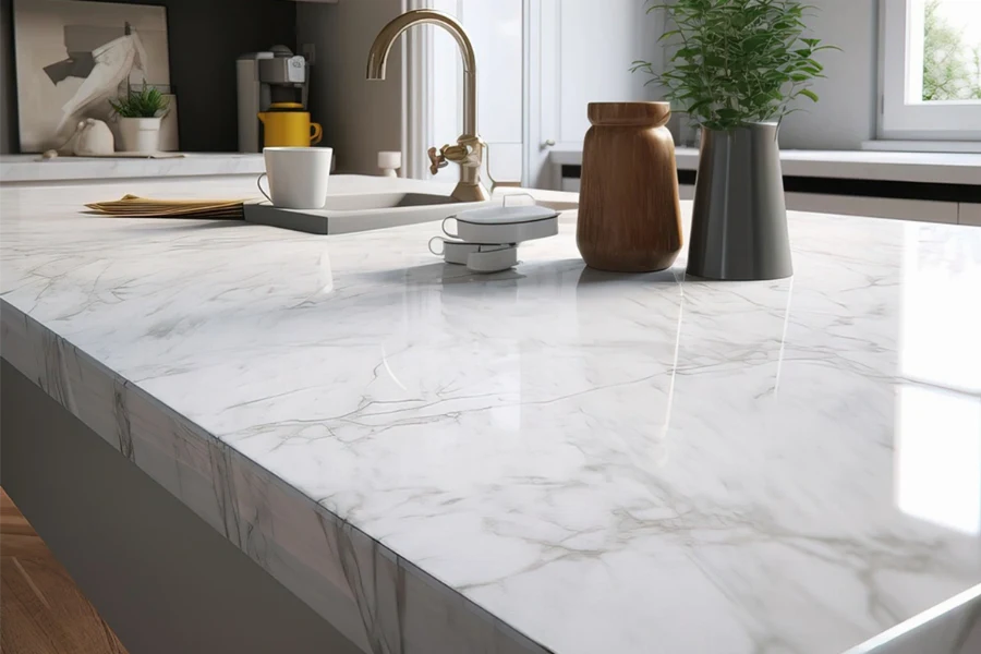 Modern extended worktop countertop featuring an elongated horizontal profile and a seamless, expansive surface for additional food prep or casual dining