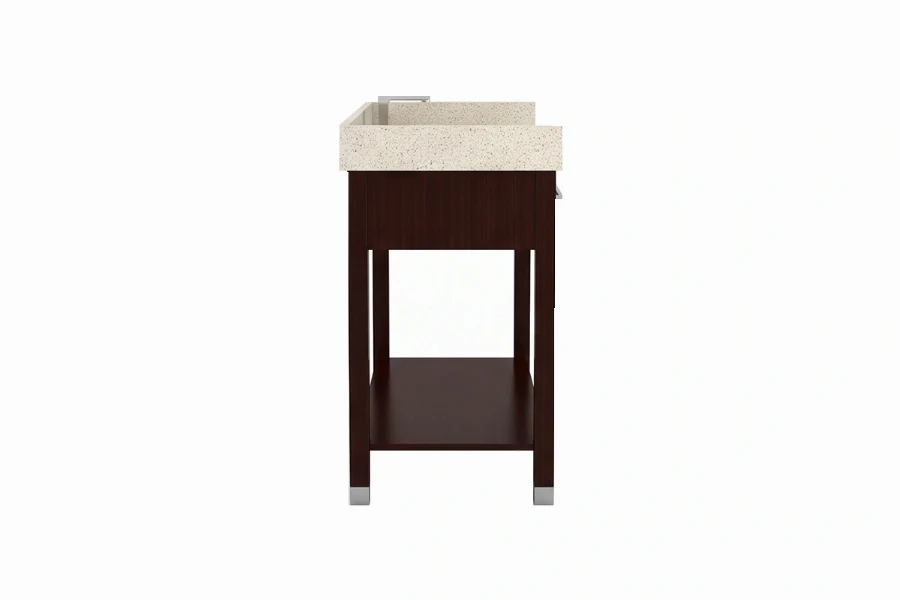 Contemporary open-base vanity counter with a sturdy, monolithic top and an exposed under-sink storage shelf for guest towels and amenities