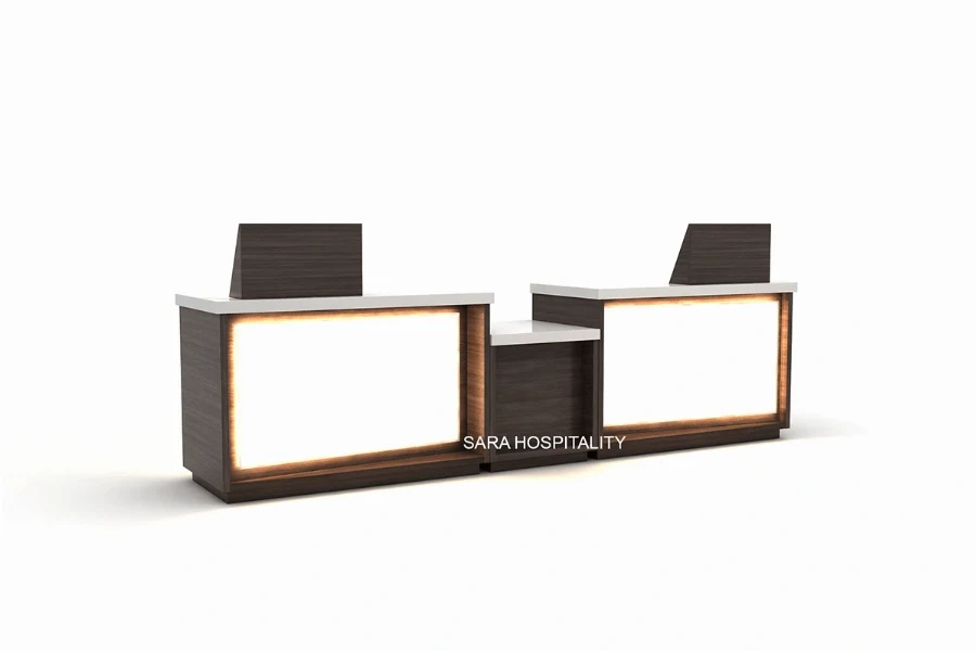 Modern dual-station reception desk featuring a high-density, commercial-grade laminate build with twin integrated work positions to streamline front-desk operations