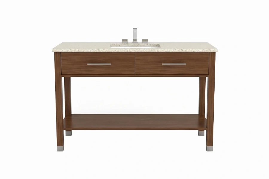 Sleek low-profile vanity counter showcasing an open under-sink base and a refined architectural silhouette that keeps tight spaces feeling airy