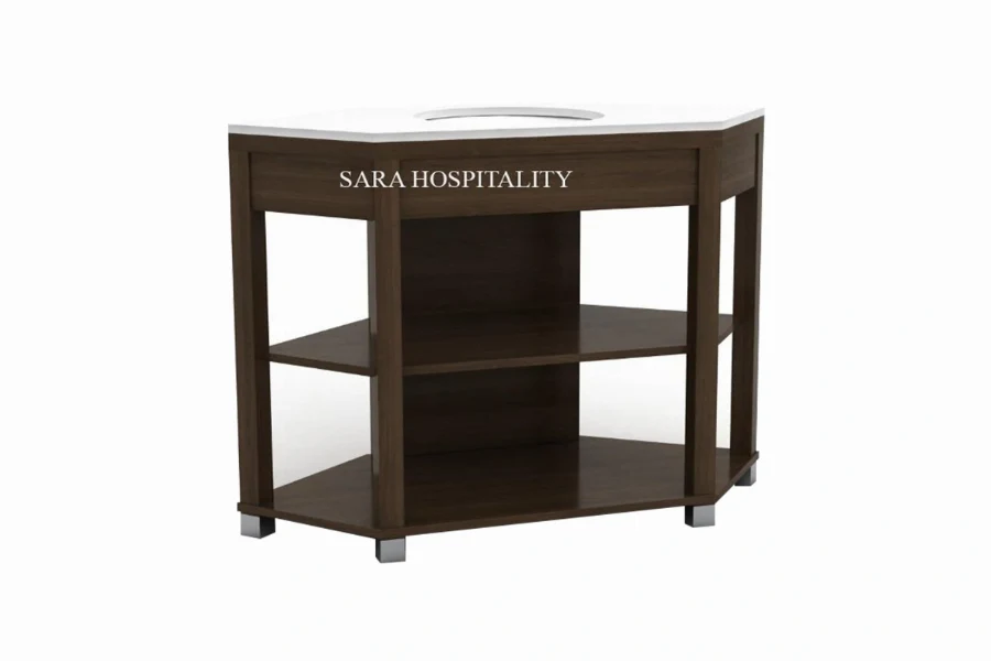 Modern open rack vanity featuring an integrated solid-surface basin and an industrial-inspired slatted storage shelf