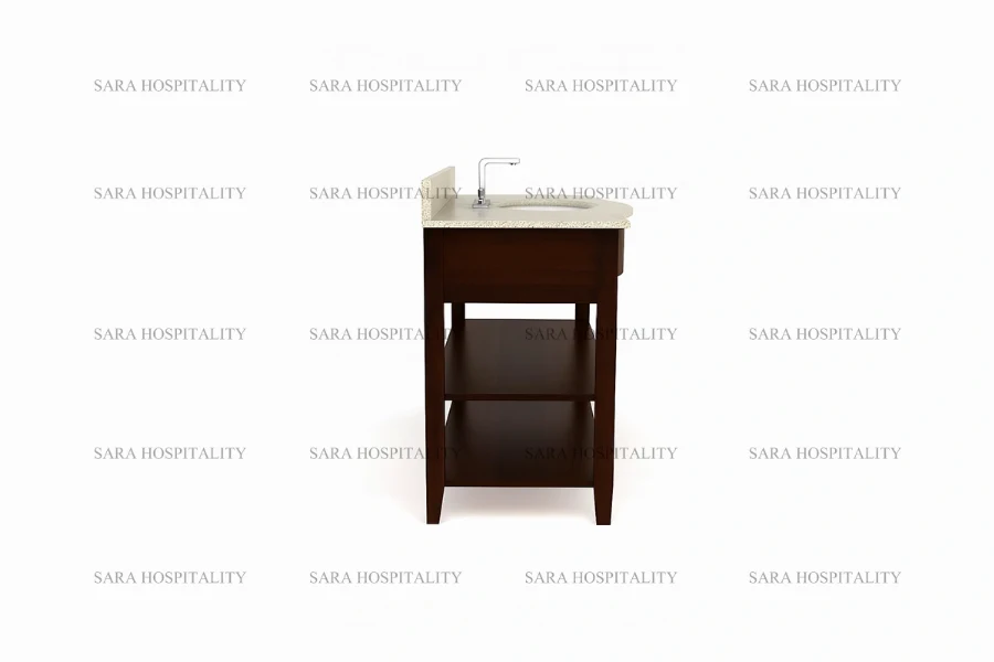 Rustic slatted shelf vanity unit in a natural wood finish for boutique inn bathrooms