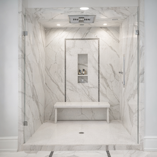 Luxury bathroom with walk-in quartz shower surround finish