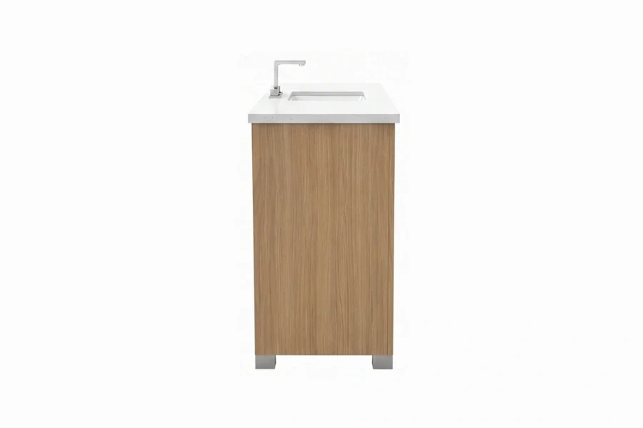 Minimalist wrap-around vanity station offering an expansive geometric profile and an uninterrupted, continuous visual flow