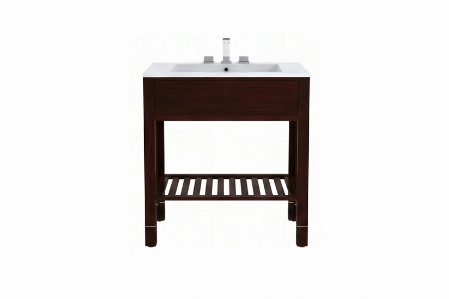 Sleek hotel-style vanity unit showcasing a geometric lattice under-sink shelf and a refined, minimalist silhouette for a textured, breezy aesthetic