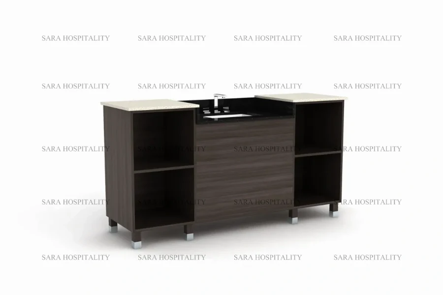 Modern side cabinet vanity base providing additional storage for hotel guest bathrooms
