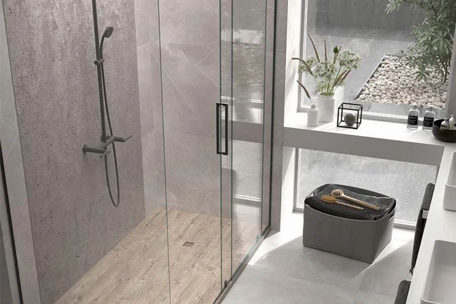Modern walk-in panel surround featuring expansive, grout-free solid-surface panels designed specifically for doorless, barrier-free showering