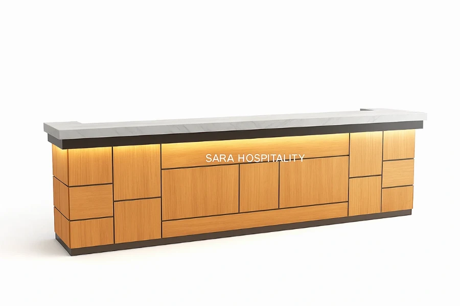 Sleek architectural paneled counter showcasing recessed accent panels with integrated ambient LED backlighting and concealed wire-management channels