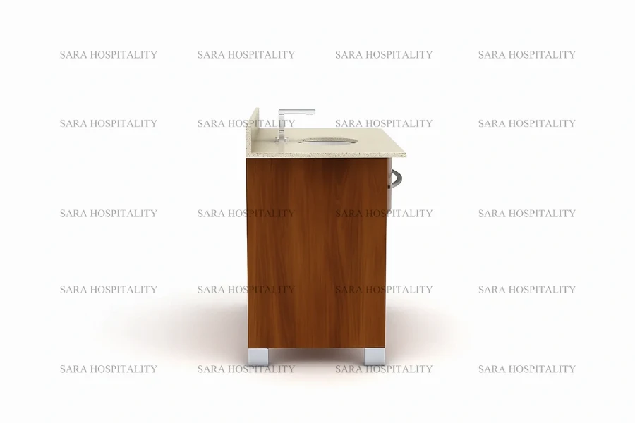 Bespoke curved front vanity base in a high-end wood finish for luxury boutique suites