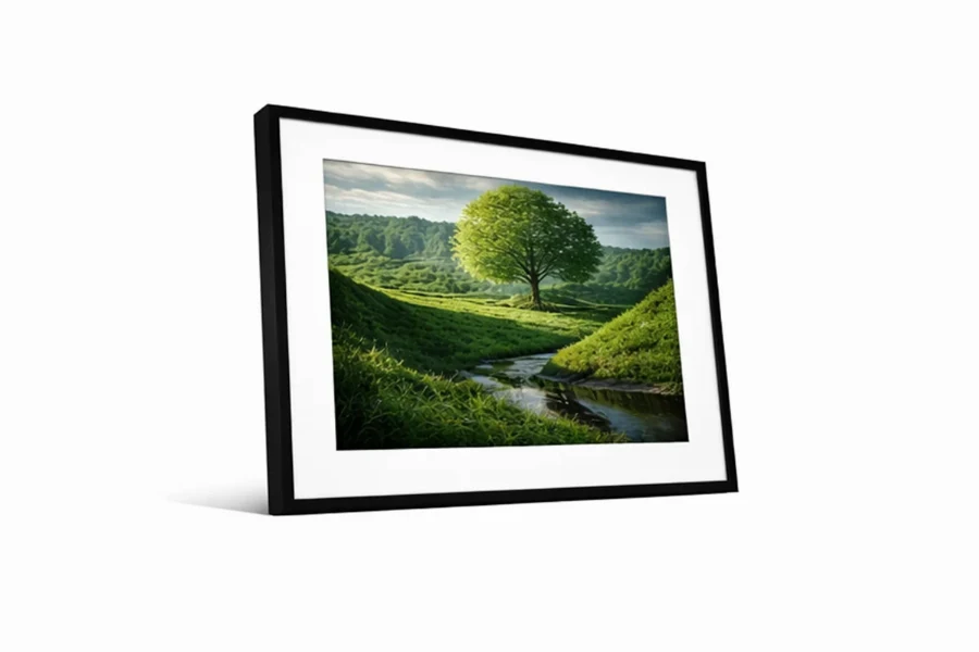 Minimalist landscape print showcasing steep mountain slopes and a sunlit basin