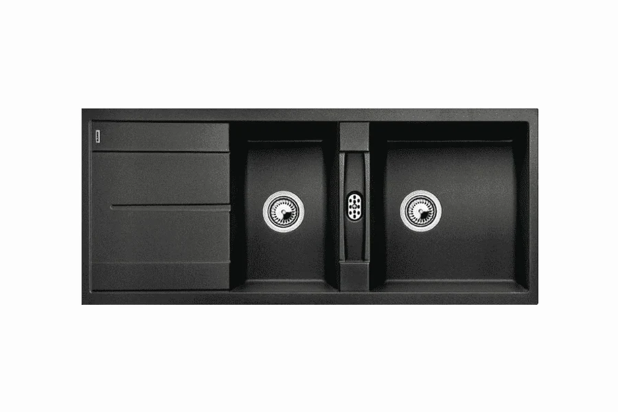Modern double-bowl kitchen sink with a sleek stainless steel finish and an undermount installation