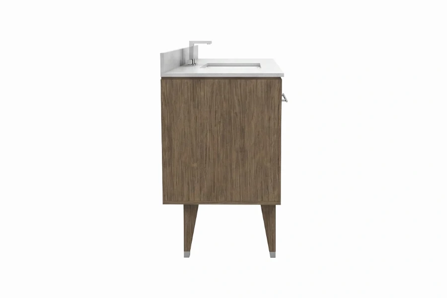 Sleek architectural vanity counter showcasing dimensional, geometric front panels for a subtle play of light and shadow