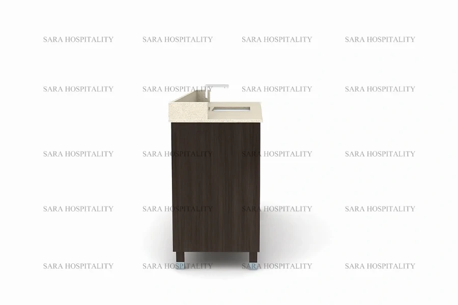 Sleek hospitality-grade central open vanity base in a professional wood finish