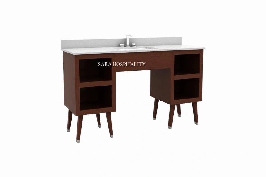 Modern double station vanity featuring two distinct integrated solid-surface basins and an expansive architectural counter