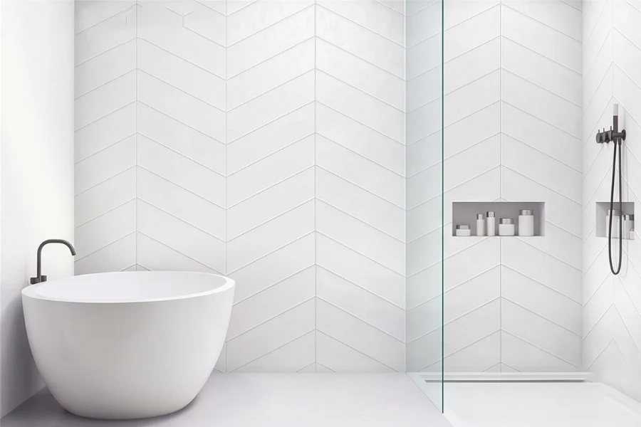 Contemporary open-concept surround unit with sturdy monolithic panels that provide an expansive, splash-proof backdrop for walk-in wet rooms