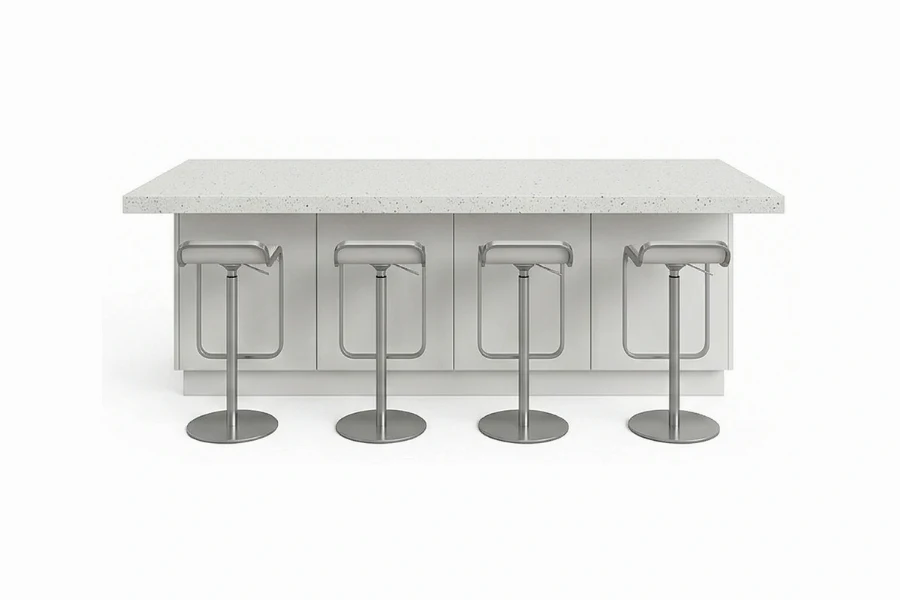 Minimalist multi-tier counter featuring contrasting material planes and a uniform, high-quality finish designed to optimize kitchen functionality