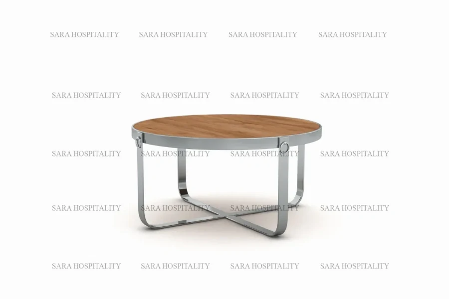 Modern round coffee table featuring a spacious circular top and a low-profile, architectural base