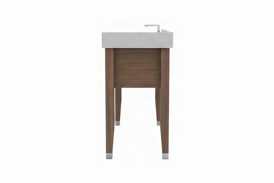 Minimalist slim-profile vanity station offering a crisp, narrow counter surface to optimize tight walkways