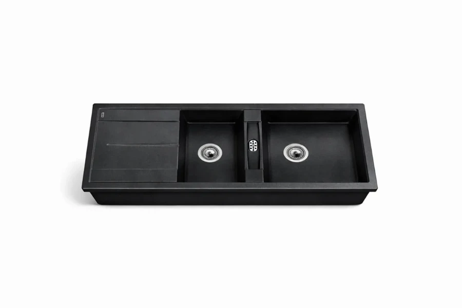 Contemporary drop-in double sink with a durable matte black finish and integrated drainboard