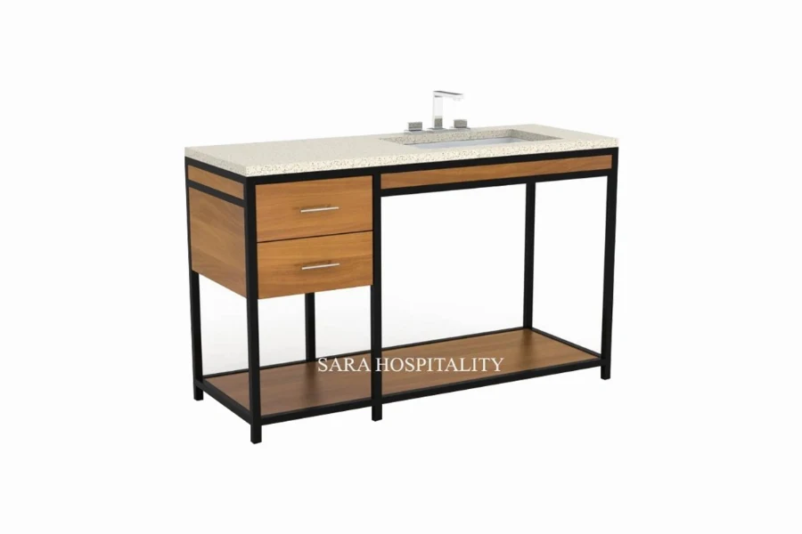 Modern multi-drawer vanity top featuring an integrated solid-surface basin and a clean-lined architectural facade with multiple flush-fitting storage drawers