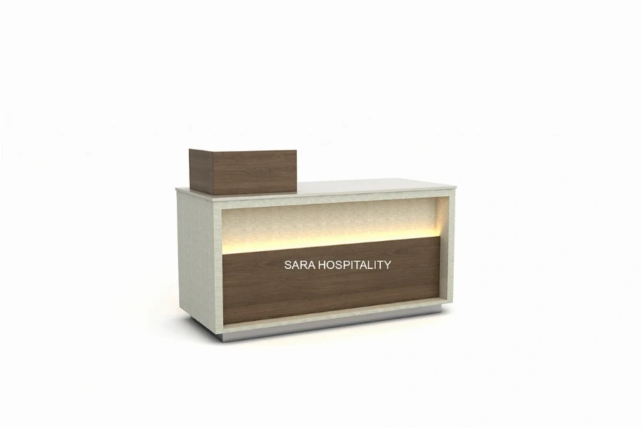 Modern compact straight reception desk featuring a space-saving commercial laminate build designed to maximize functionality in smaller lobby footprints