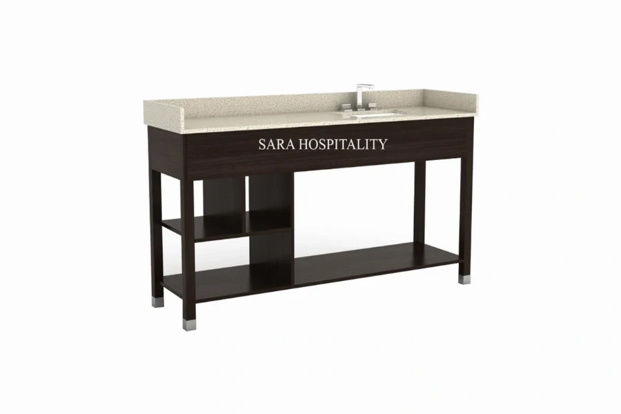 Modern open leg vanity top featuring an integrated solid-surface basin and a clean-lined structural metal or wood leg framework for a light, architectural feel