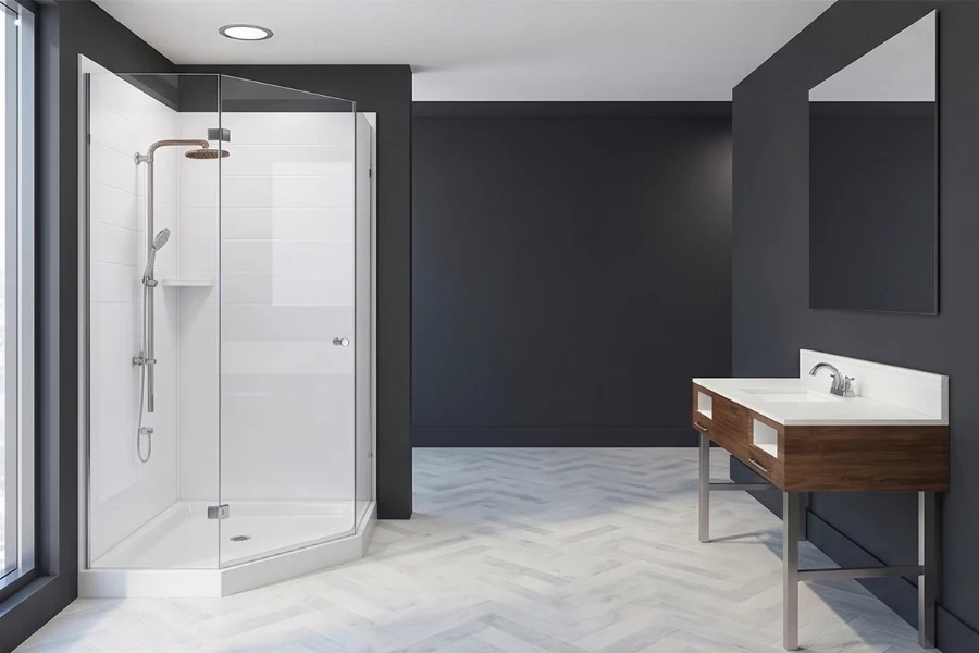 Sleek architectural divider surround showcasing grout-free, water-tight panels that turn a privacy partition into a fully functional shower zone