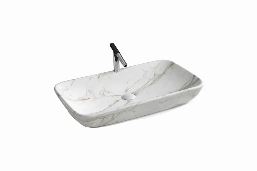 Minimalist bathroom basin with a sharp rectangular profile and a gradual, ramp-style bottom