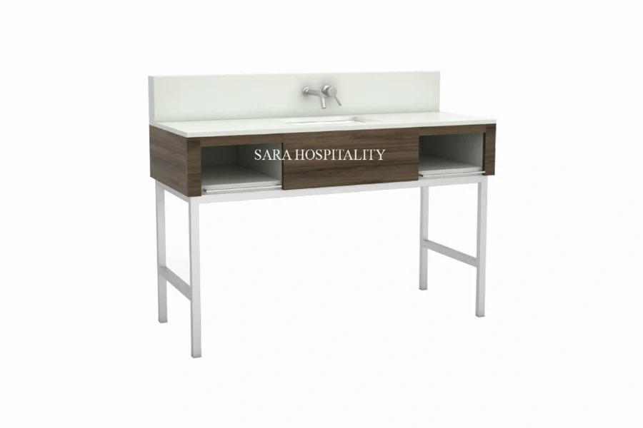 Modern metal frame vanity featuring an integrated solid-surface basin and a structural, industrial-inspired base
