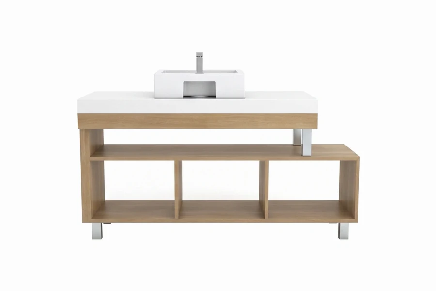 Contemporary elongated vanity unit with a sturdy monolithic top and an accessible, full-width towel shelf