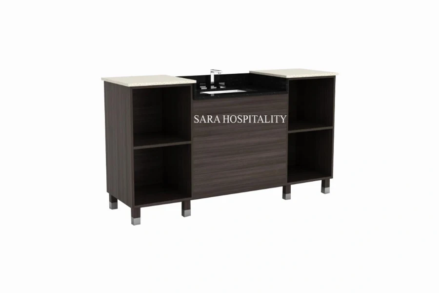 Modern wide cabinet vanity featuring an integrated solid-surface basin and an expansive, multi-door enclosed storage base